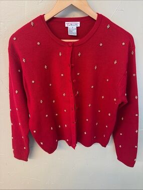 Talbots Red Beaded Button-Front Cardigan